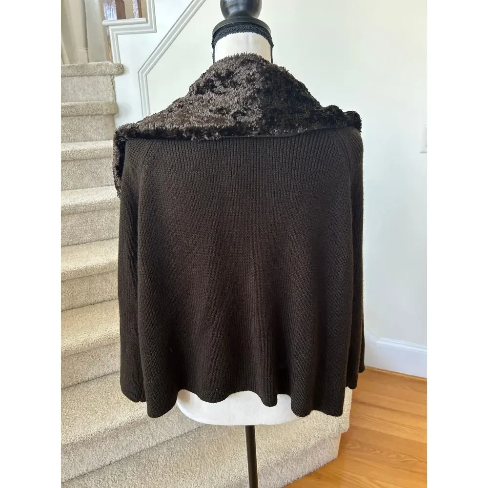 Vintage Y2K Nine West Brown Wool Knit Faux Fur Collar Long Sleeve Cardigan